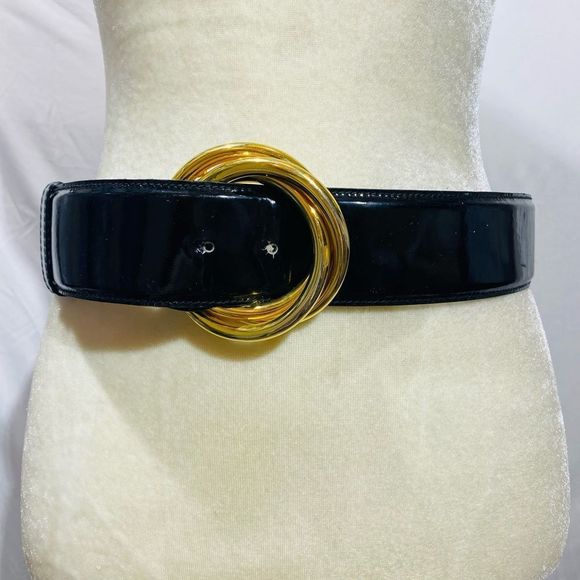 Salvatore Ferragamo Black Wide Enamel Leather Belt with Gold-Tone Trinity Buckle main image 9